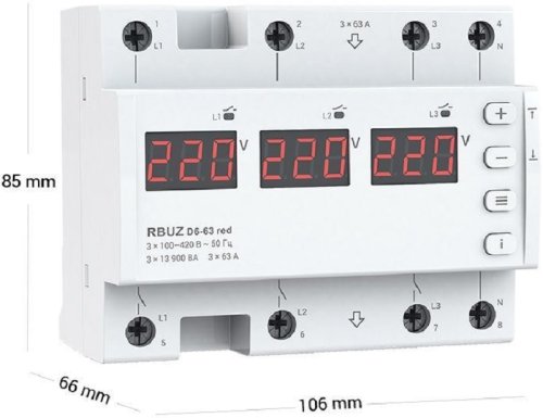 Реле напряжения трехфазное цифровое на DIN-рейку Rbuz D6-63 red многофункциональное 63А 0-400А картинка